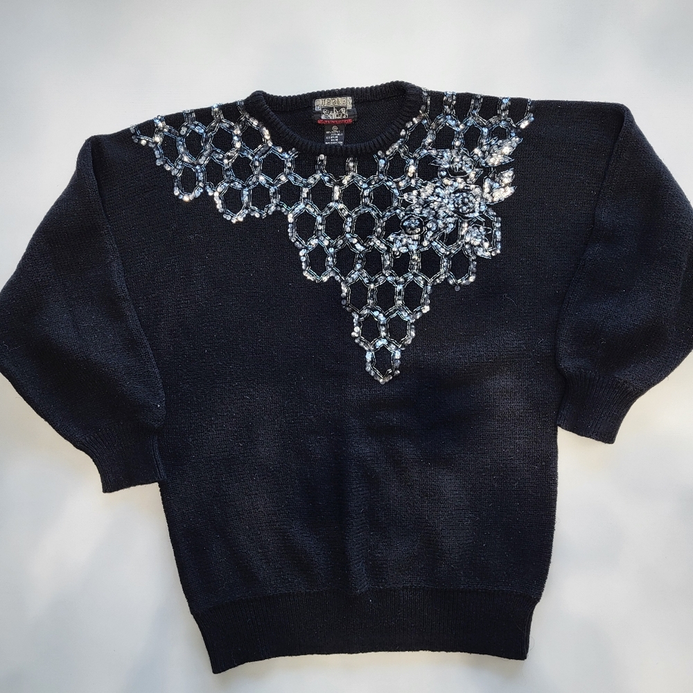 Vintage 90s Sequin Embellished Sweater Black Glam Statement Top
